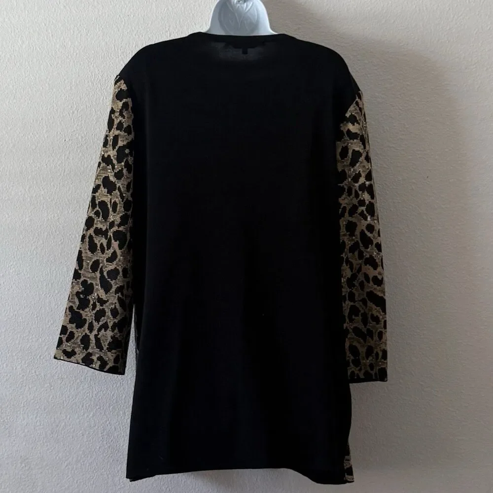 Misook Animal Print Long Knit Jacket Women's L Leopard Cheetah Open Front Luxe